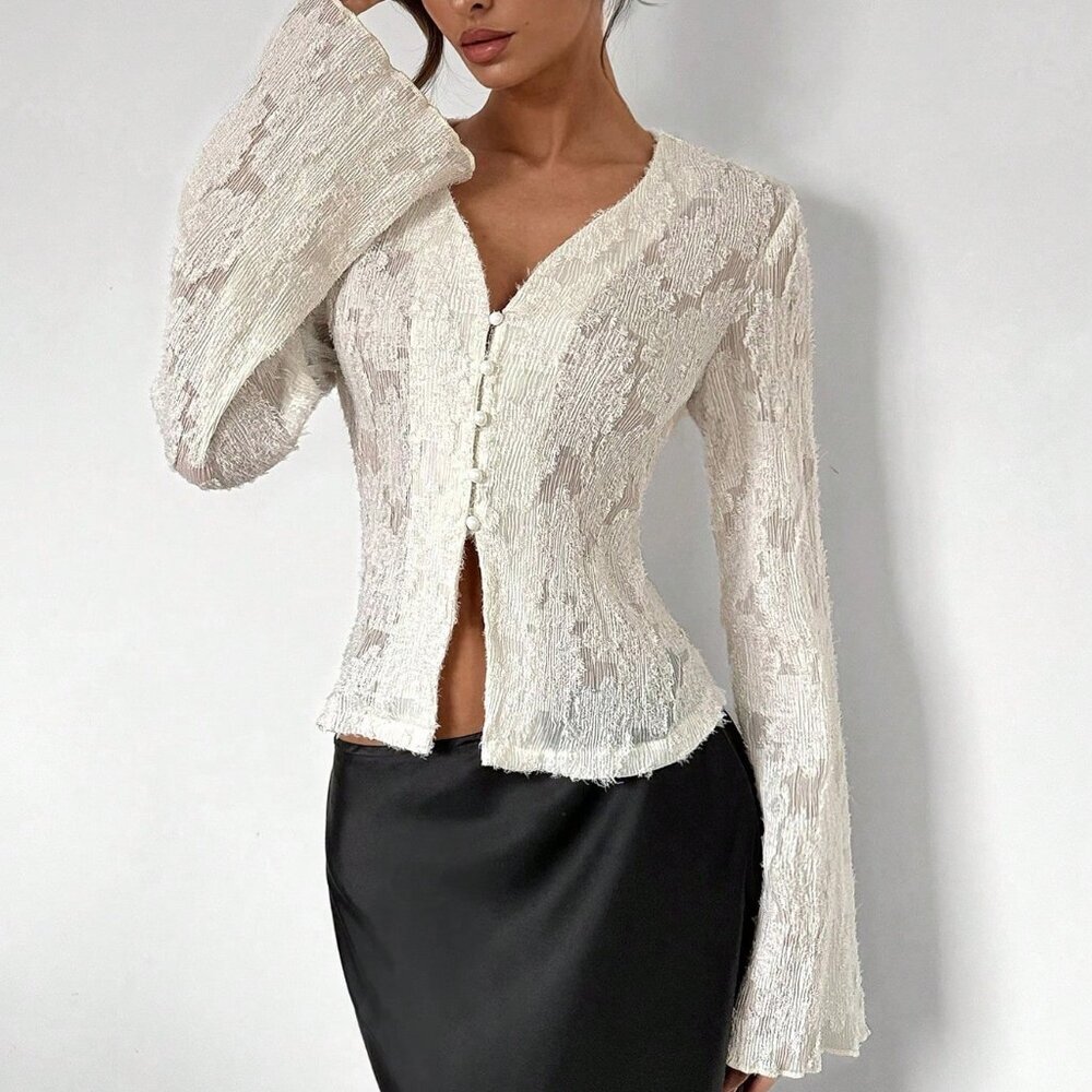 White Elegant Women's Lace Bell Sleeve Blouse - Picture 6 of 6